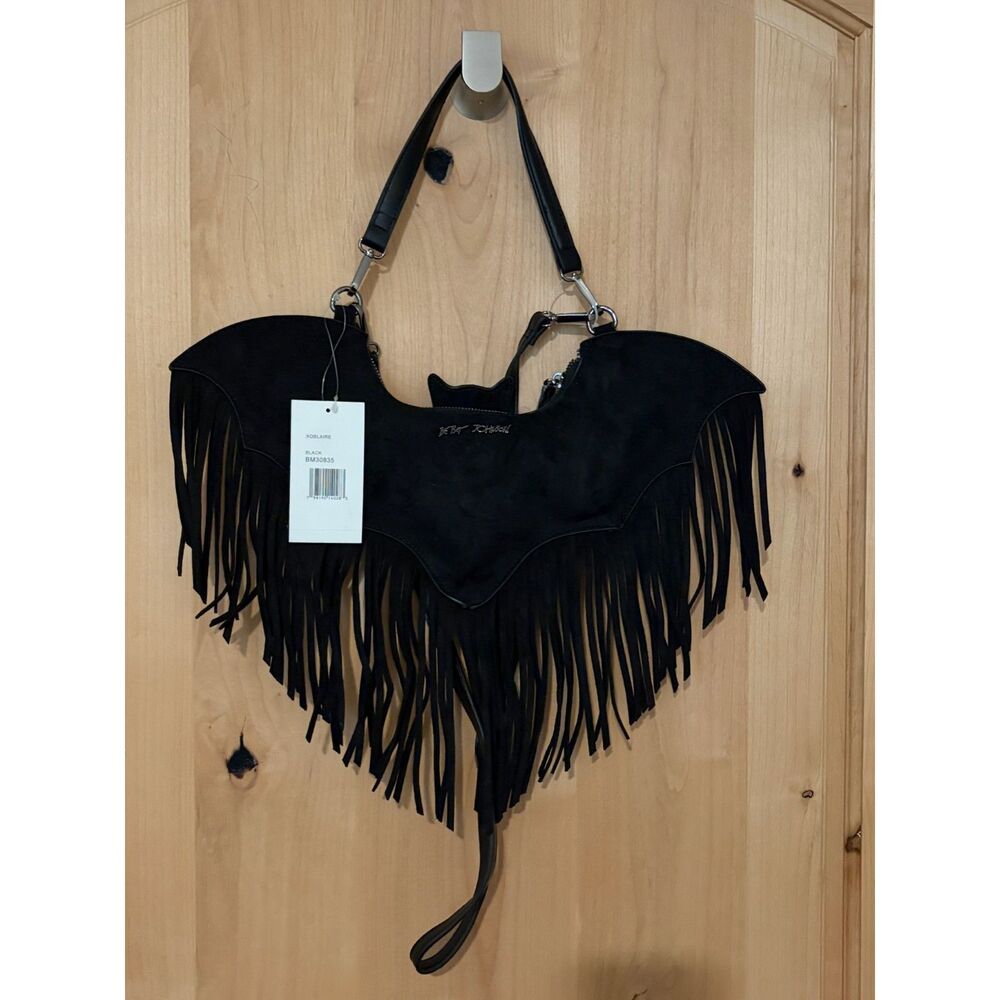 Betsey Johnson XOBLAIRE Black Faux Suede Bat Fringe Crossbody Shoulder Bag NWT